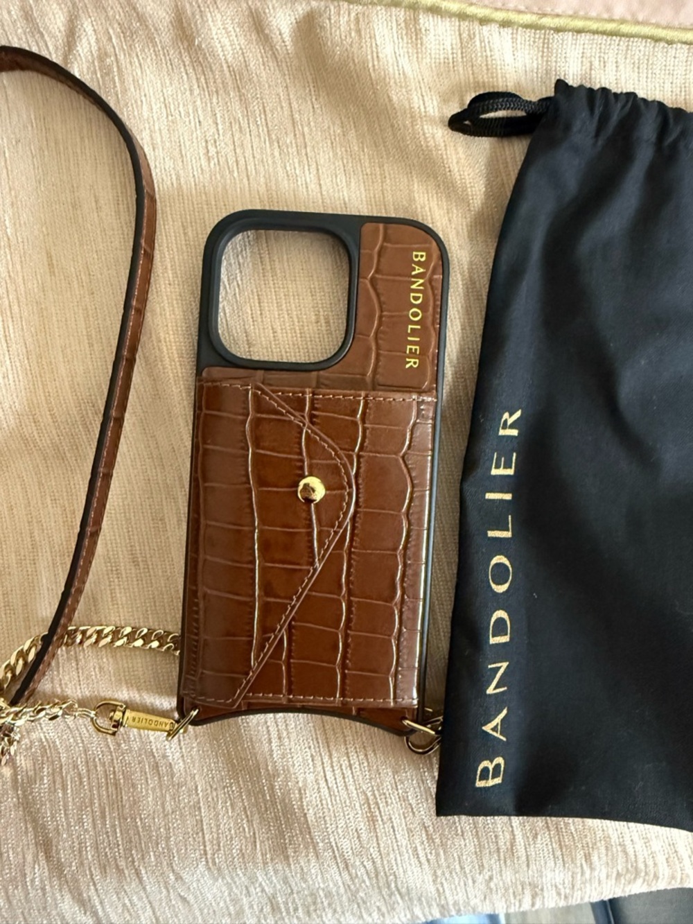 Bandolier Brown Croc Embossed Leather with Gold Chain for iPhone 16 Pro